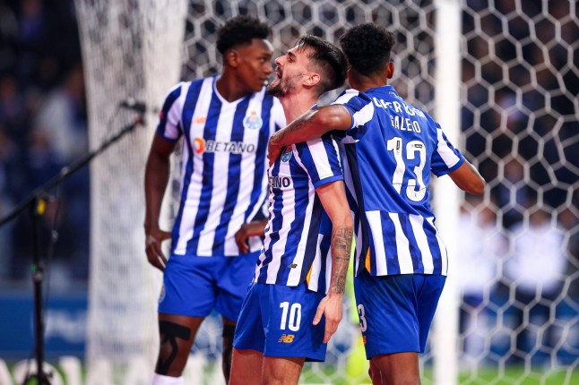 PORTO, PORTUGAL - DECEMBER 02: Fabio Vieira of FC Porto celebrates with Wenderson Galeno of FC Porto after scoring his team's first goal during the Liga Portugal Betclic match between FC Porto and Casa Pia AC at Estadio do Dragao on December 02, 2024 in Porto, Portugal. (Photo by Diogo Cardoso/Getty Images)