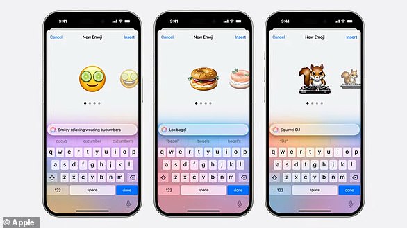 AI-generated emoji: In the Messages app, users can type a short description (e.g. 'smiley relaxing wearing cucumbers') to get a unique emoji to send to someone