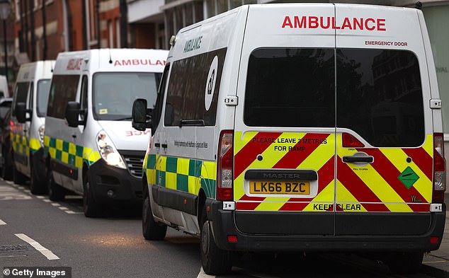 Ambulances are seen parked outside a London hospital on December 27, 2024 in London, England