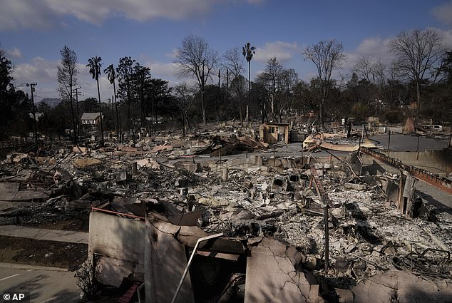 Devastation was left behind by the Eaton Fire in a neighborhood on Friday in Altadena, CA, a city that felt Thursday's earthquake