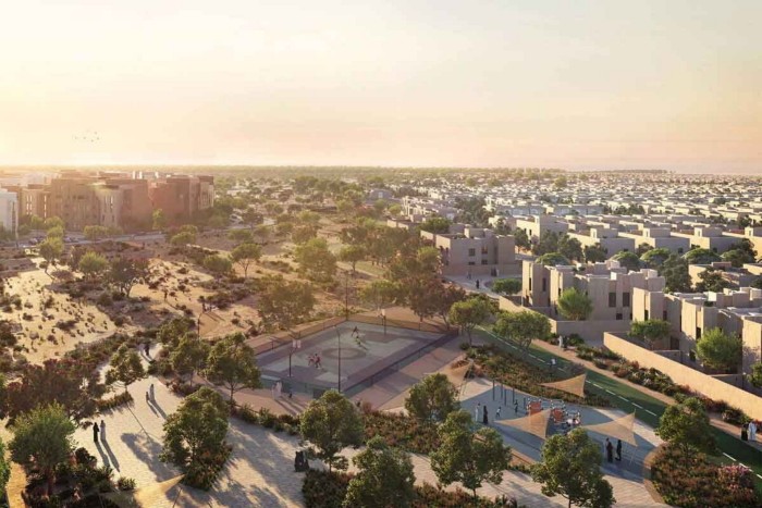 Aerial view of the Sedra neighbourhood project in Riyadh, showing a blend of residential buildings and green spaces. 