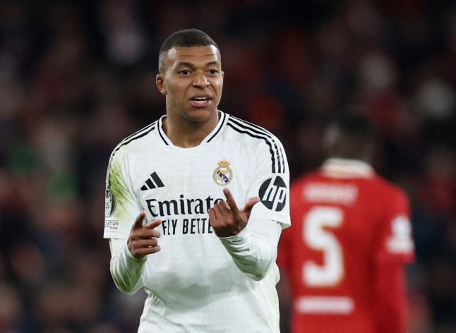 Soccer Football - Champions League - Liverpool v Real Madrid - Anfield, Liverpool, Britain - November 27, 2024 Real Madrid's Kylian Mbappe reacts Action Images via Reuters/Lee Smith