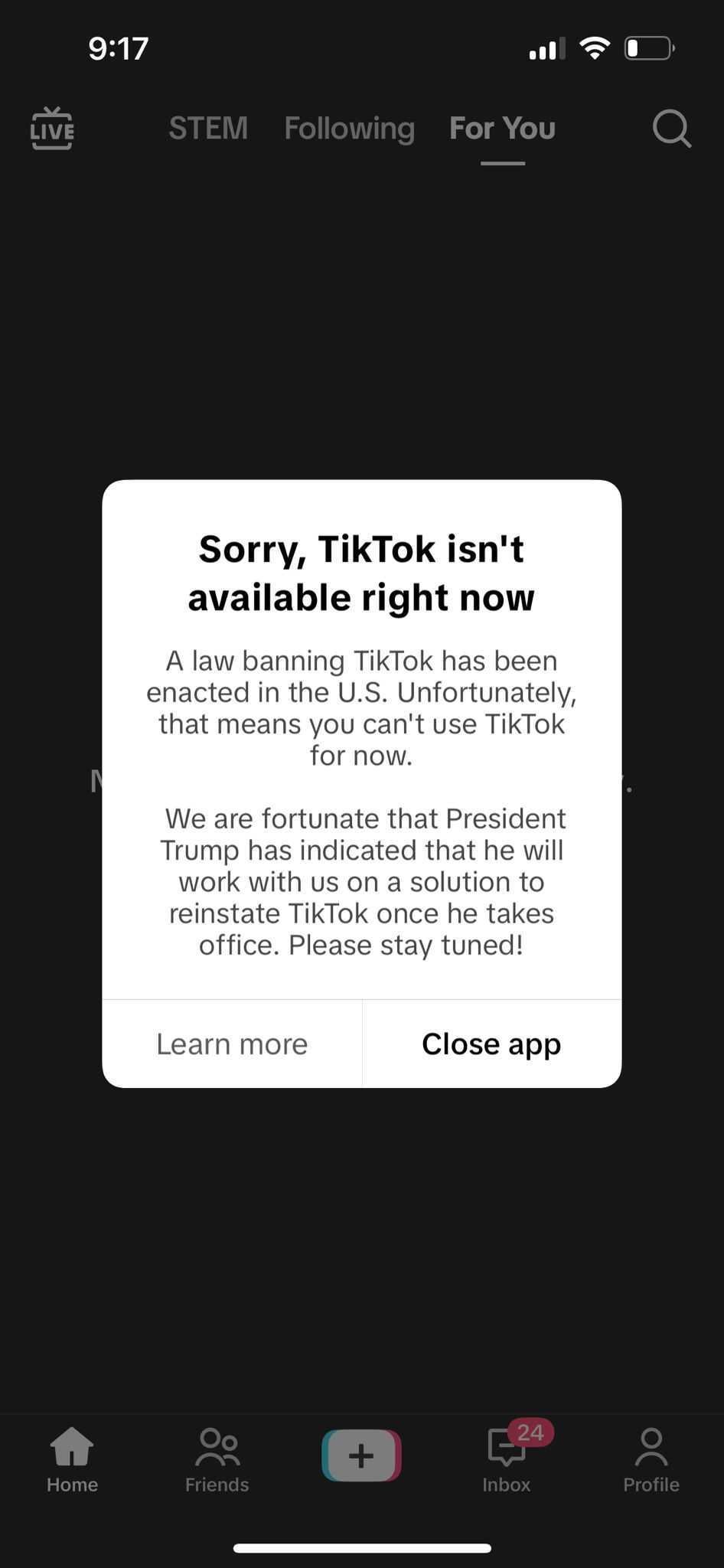 This message appears for anyone trying to use TikTok in the US