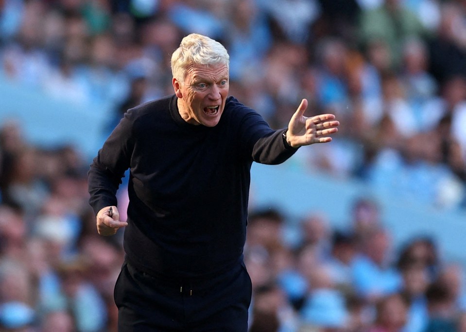 West Ham United manager David Moyes gesturing during a soccer match.