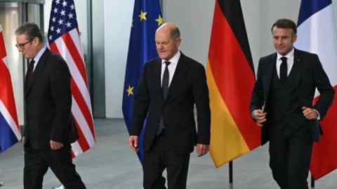 German Chancellor Olaf Scholz, French President Emmanuel Macron and British Prime Minister Keir Starmer