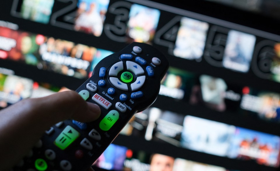 Hand holding Netflix remote control in front of a TV screen displaying numerous program options.