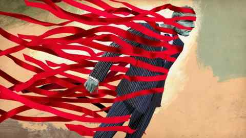 Jonathan McHugh illustration of a man in a suit, wrapped in red tape.