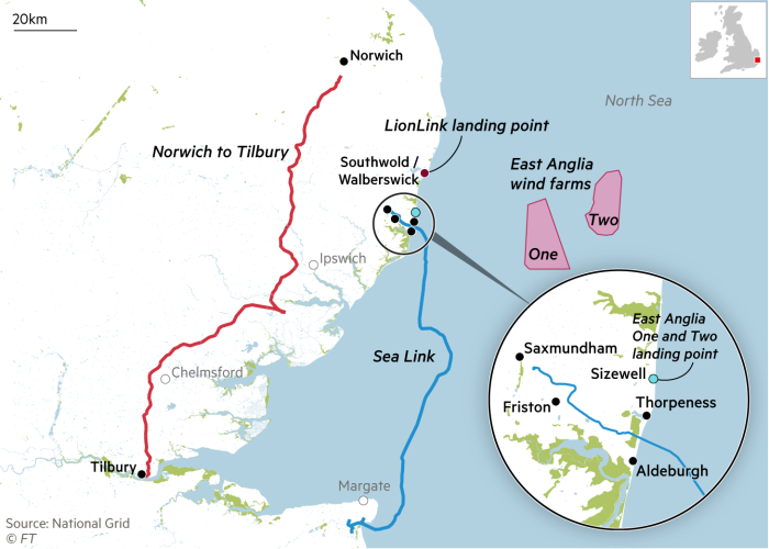 Map showing proposed Sea Link and Norwich to Tilbury electricity cables