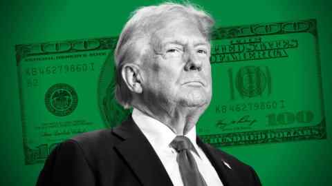 A montage of Donald Trump in front of a $100 banknote and a green background