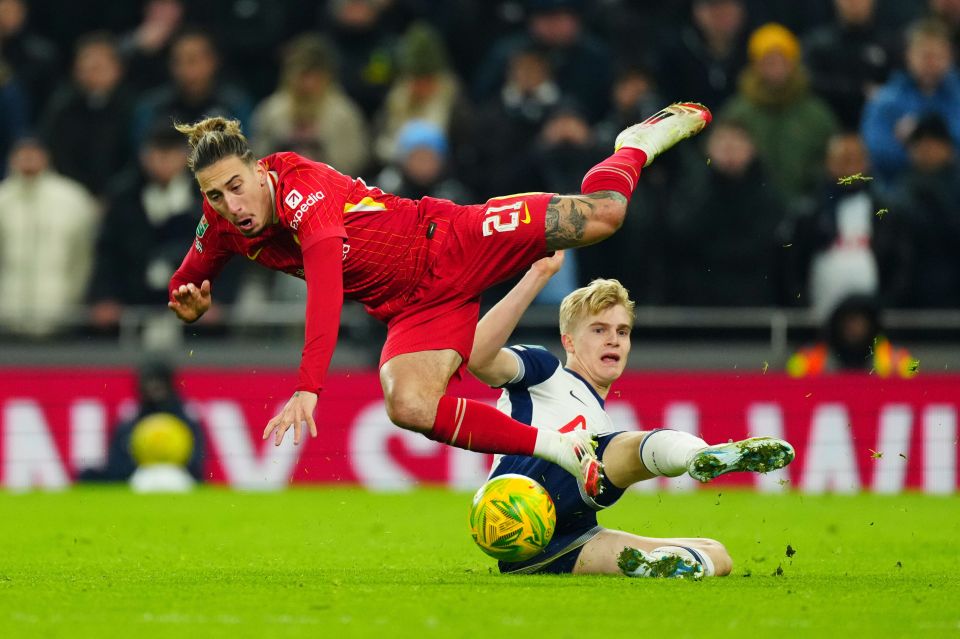 Lucas Bergvall escaped a second booking for this foul on Kostas Tsimikas