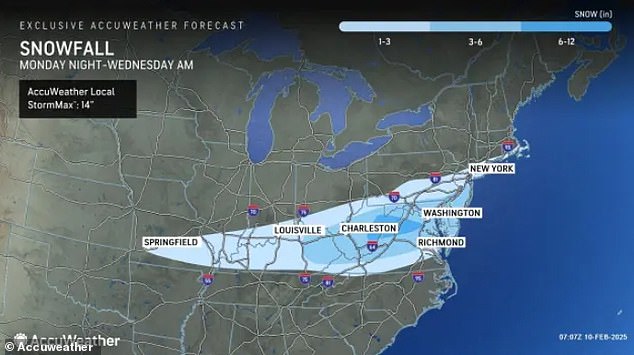 Areas like Springfield, Missouri and Louisville, Kentucky will likely see 1-3 inches of snow, while other regions may see more than 6 inches fall by Wednesday.