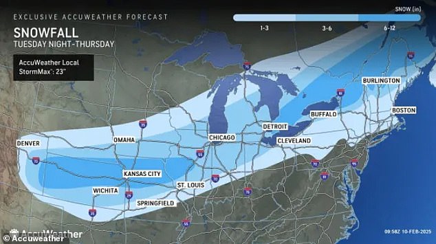 Snow is expected to impact several states, from Colorado to Maine, with forecasts predicting up to 12 inches of snow in the Midwest.