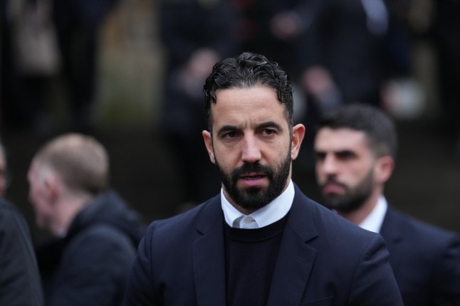 Mandatory Credit: Photo by Jon Super/Shutterstock (15145121cb) Manchester United manager Ruben Amorim makes his way from the funeral of former Manchester United footballing legend Denis Law at Manchester Cathedral, Manchester, England, Tuesday, Feb. 11, 2025. One third of the "United Trinity", alongside fellow greats George Best and Sir Bobby Charlton, Law?s goalscoring and 404 appearances saw him earn the nickname of "The King" amongst fans and he remains the only Scotsman to have won the Ballon d'Or. (Photo/Jon Super) Funeral of Denis Law at Manchester Cathedral, UK - 11 Feb 2025