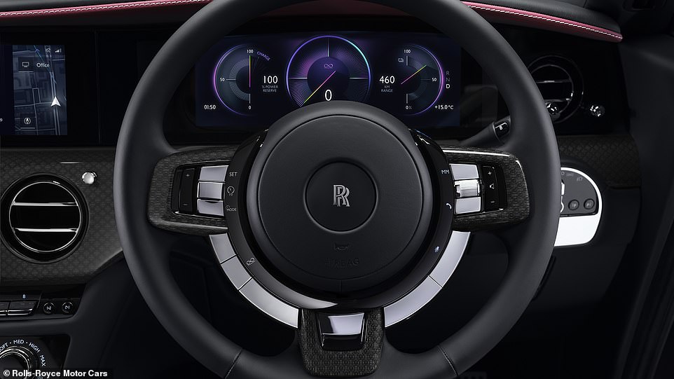 The 'Infinity Mode' button on the steering-wheel - inspired by additional boost utlilised by British pilots flying legendary Spitfire fighter-planes in dogfights during WW2 - unlocks the electric car's full 659 horsepower (485kW)