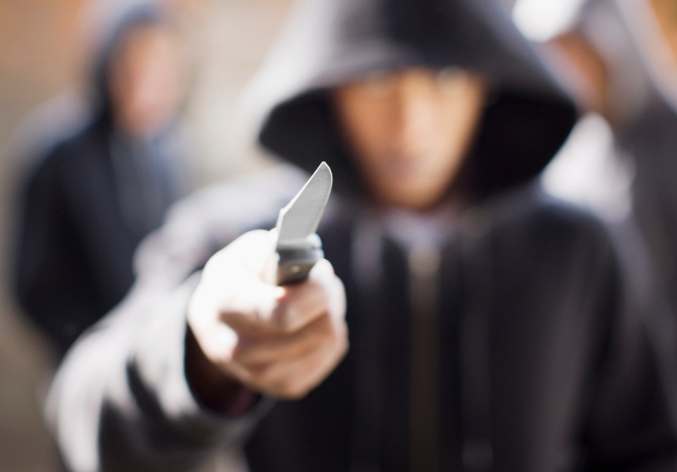 A hooded person holding a knife.