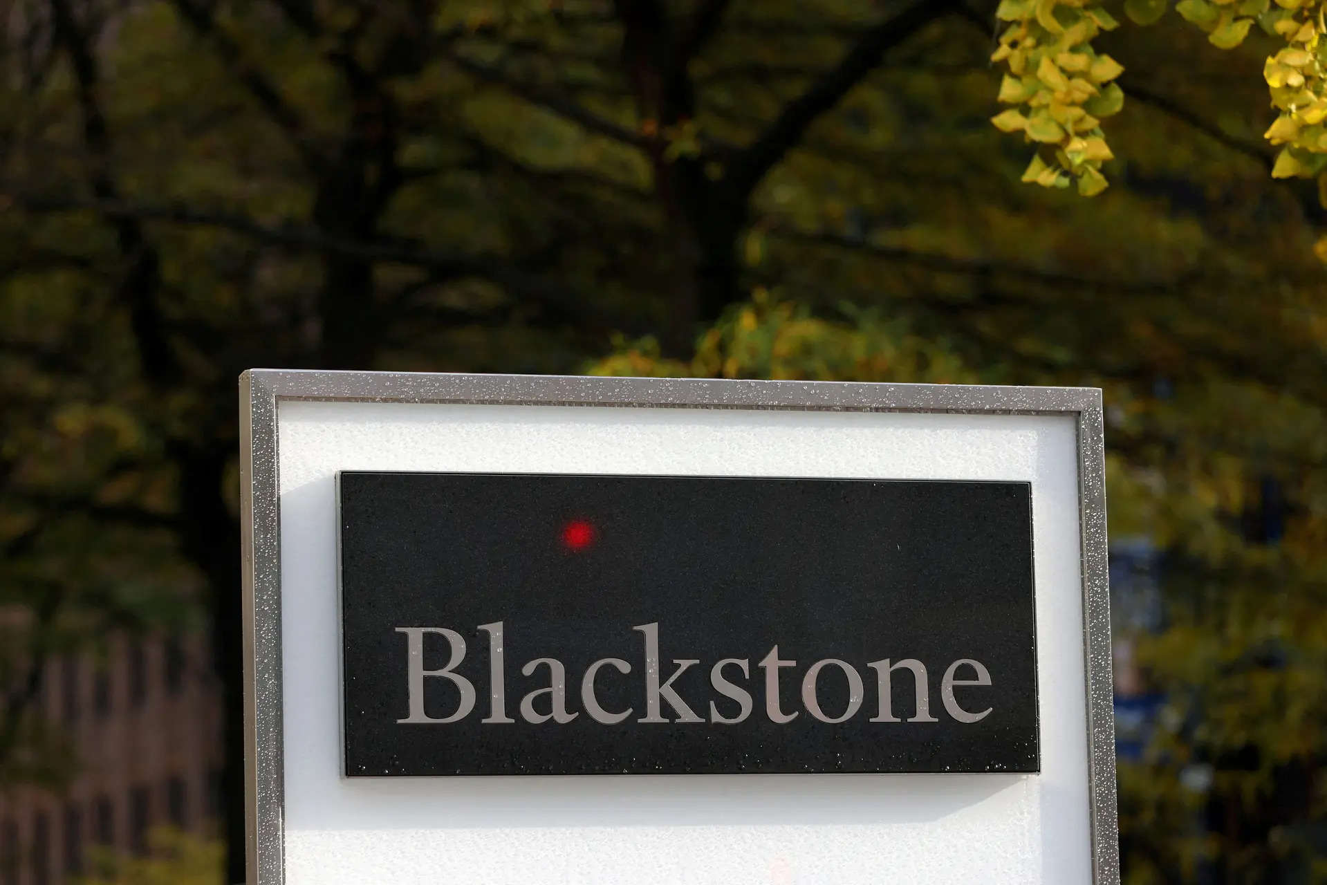 Signage is seen outside The Blackstone Group headquarters in Manhattan