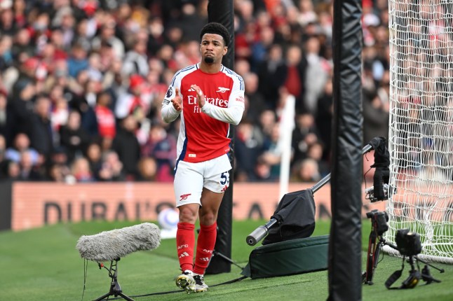 LONDON, ENGLAND - FEBRUARY 22: Ethan Nwaneri of Arsenal acknowledges the fans during the Premier League match between Arsenal FC and West Ham United FC at Emirates Stadium on February 22, 2025 in London, England. (Photo by Stuart MacFarlane/Arsenal FC via Getty Images)