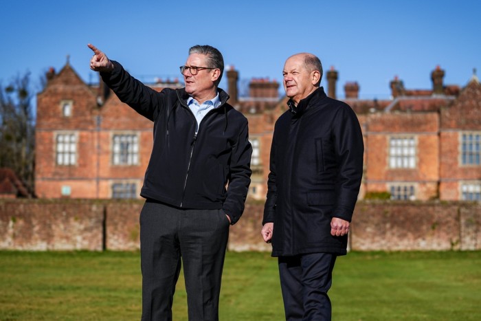 German Chancellor Olaf Scholz, right, and UK Prime Minister Keir Starmer at his country residence in Chequers on February 2 2025