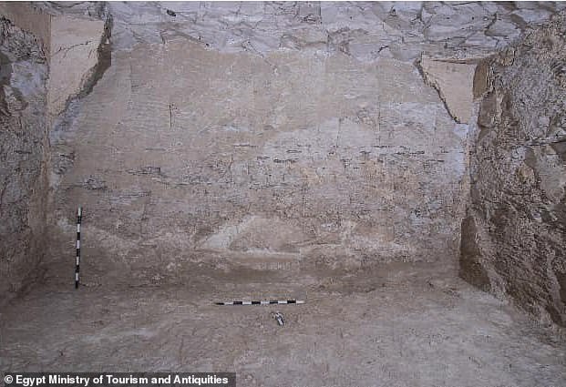 The structure features a corridor with a floor covered with a layer of white plaster, leading to the burial chamber in the main corridor of the tomb where the floor level is about five feet higher than the floor of the chamber itself