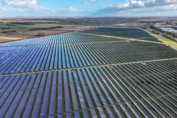 An aerial view of the Shotwick Solar Energy Park in Deeside, Wales