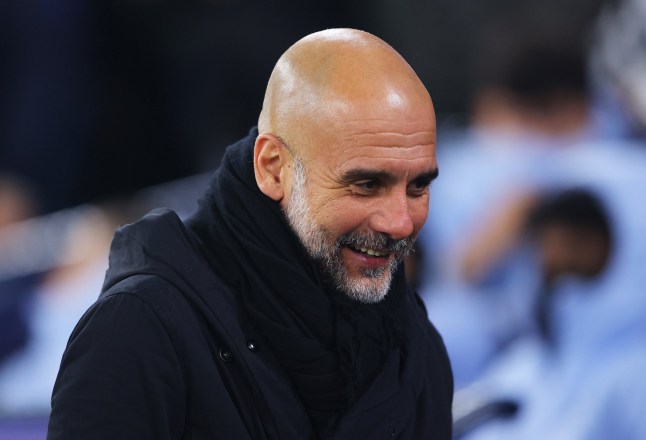 MANCHESTER, ENGLAND - FEBRUARY 11: Josep 'Pep' Guardiola, Manager of Manchester City reacts prior to the UEFA Champions League 2024/25 League Knockout Play-off first leg match between Manchester City and Real Madrid C.F. at Manchester City Stadium on February 11, 2025 in Manchester, England. (Photo by James Gill - Danehouse/Getty Images)