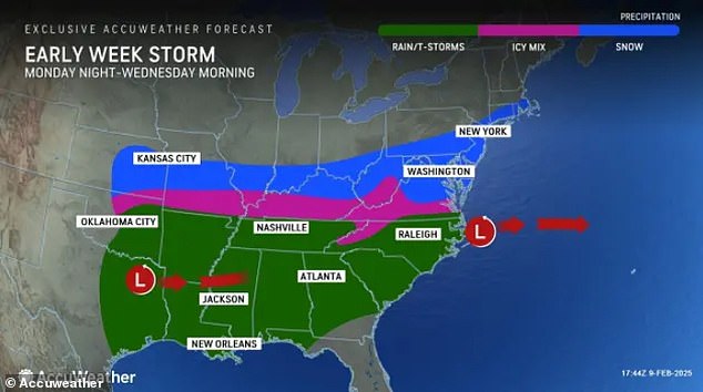 The first of three winter storms this week is expected to impact millions in the Gulf Coast states Monday night into Tuesday.