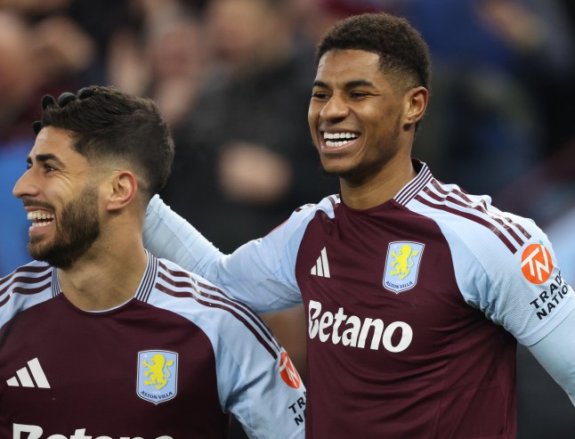 BIRMINGHAM, ENGLAND - FEBRUARY 28: Marco Asensio of Aston Villa and Marcus Rashford of Aston Villa celebrate 1st goal during the Emirates FA Cup Fifth Round match between Aston Villa and Cardiff City at Villa Park on February 28, 2025 in Birmingham, England. (Photo by Neal Simpson/Sportsphoto/Allstar via Getty Images)