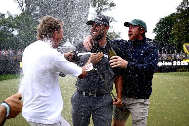 QUEENSTOWN, NEW ZEALAND - MARCH 02: Ryan Peake of Australia celebrates with friends after winning the 2025 New Zealand Open at Millbrook Resort on March 02, 2025 in Queenstown, New Zealand. (Photo by Hannah Peters/Getty Images) *** BESTPIX ***