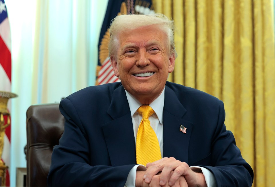 Portrait of Donald Trump smiling in the Oval Office.