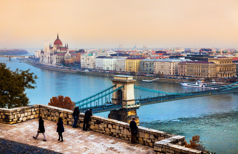 Budapest cityscape with Chain Bridge and Parliament Building.