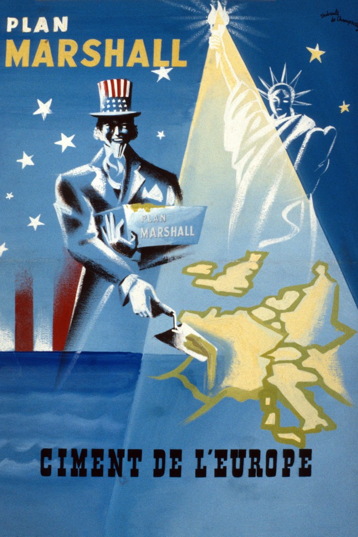 A poster showing an American president cementing the continent of Europe back together with a trowel 