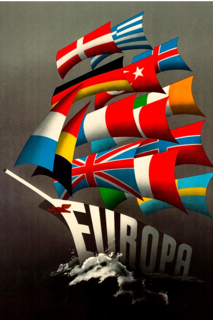 An illustration of a ship made out of the words Europa, its sails made out of the flags of European countries 