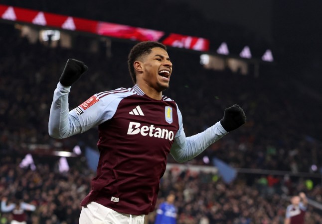 BIRMINGHAM, ENGLAND - FEBRUARY 28: Marcus Rashford of Aston Villa celebrates after Marco Asensio (not pictured) scores a goal to make it 1-0 during the Emirates FA Cup Fifth Round match between Aston Villa and Cardiff City at Villa Park on February 28, 2025 in Birmingham, England. (Photo by Catherine Ivill - AMA/Getty Images)