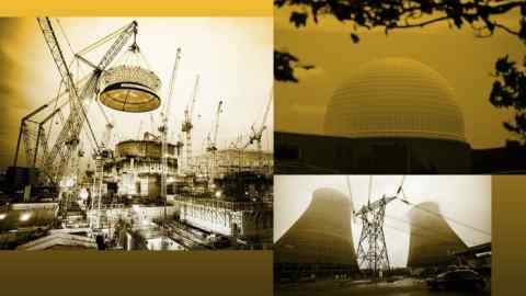 Construction of Hinkley Point C, Somerset, UK last year, left; Sizewell B in Suffolk, UK, top right; nuclear power plant in Nogent-sur-Seine, France