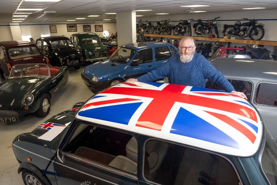 An image collage containing 1 images, Image 1 shows A man stands proudly amongst his collection of classic British cars and motorcycles, which are up for auction