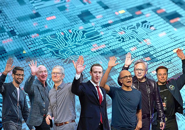 Is it time to wave goodbye to the US tech titans? Pictured (from left): Alphbet's boss Sundar Pichai, Amazon's Jeff Bezos, Apple's Tim Cook, Meta's Mark Zuckerberg, Microsoft's Satya Nadella, Nvidia's Jensen Huang and Tesla's Elon Musk