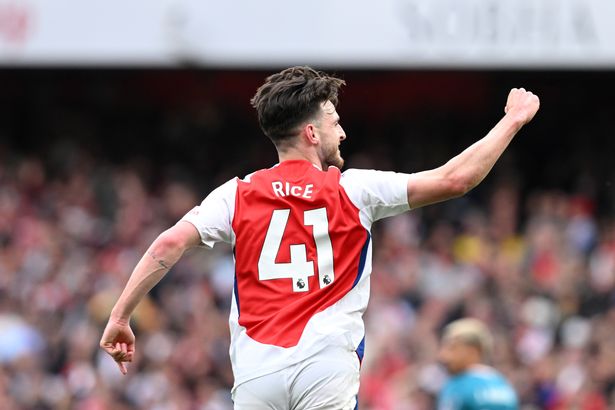 LONDON, ENGLAND - MAY 03: Declan Rice of Arsenal celebrates scoring his team's first goal during the Premier League match between Arsenal FC and AFC Bournemouth at Emirates Stadium on May 03, 2025 in London, England. (Photo by Stuart MacFarlane/Arsenal FC via Getty Images)