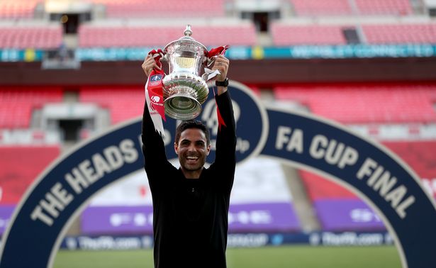 Mikel Arteta lifts the FA Cup in 2020 - still his sole trophy as Gunners boss