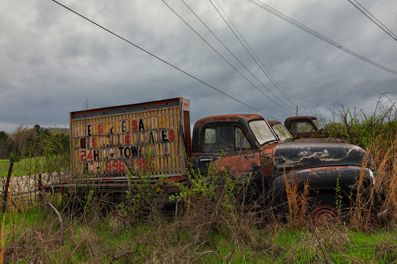 Rusty trucks and a sign in an overgrown field.