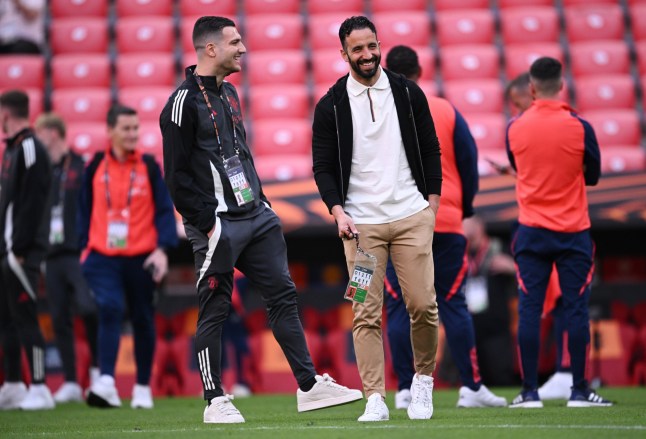 BILBAO, SPAIN - MAY 20: Diogo Dalot of Manchester United speaks to Ruben Amorim, Manager of Manchester United, during a stadium walk around ahead of the UEFA Europa League Final 2025 between Tottenham Hotspur and Manchester United at Estadio de San Mames on May 20, 2025 in Bilbao, Spain. (Photo by Justin Setterfield/Getty Images)