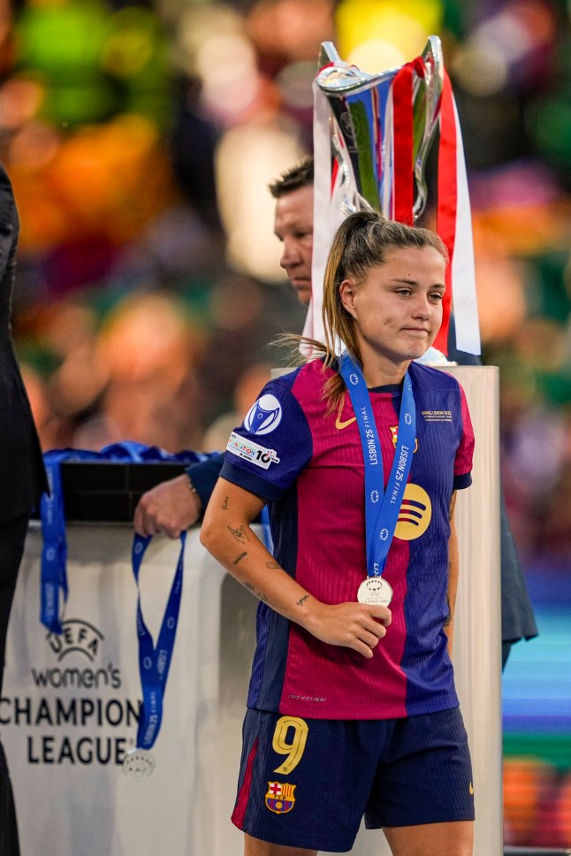 LISBON, PORTUGAL - MAY 24 FC Cl??udia Pina of FC Barcelona disappointed after losing the UEFA Women's Champions League final match between Arsenal WFC and FC Barcelona at Estadio Jose Alvalade on May 24, 2025 in Lisbon, Portugal. (Photo by Pedro Loureiro/Sports Press Photo/Getty Images)