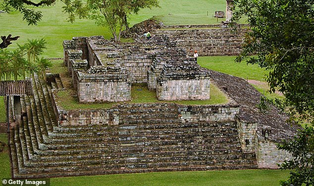 The Maya civilization occupied present-day southern Mexico and Guatemala, as well as parts of Belize, El Salvador and Honduras. Pictured, a Maya pyramid nestled in a clearing among dense rain forest in, Copan, Honduras