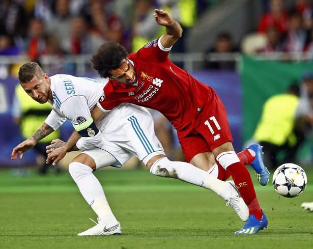 Sergio Ramos clashes with Mohamed Salah in the 2018 Champions League final