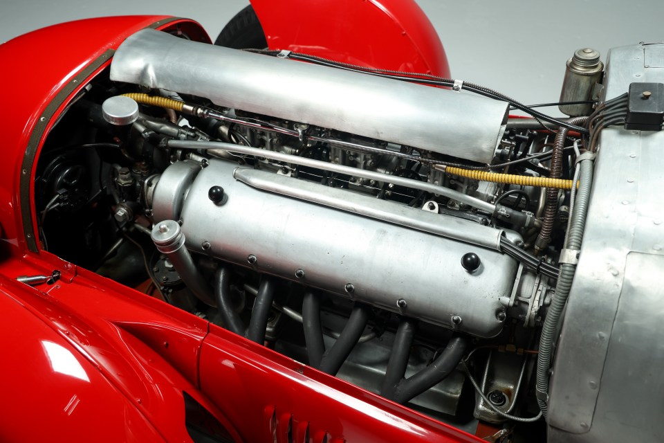 Close-up of a 1948 Ferrari 166 Spyder Corsa engine.