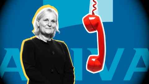 Montage shows Aviva CEO Amanda Blanc with a red telephone against an Aviva logo backdrop