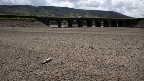 Getty Parched, cracked land in the foreground. An empty bottle lies on the surface. In the background is a bridge with a white van driving across.
