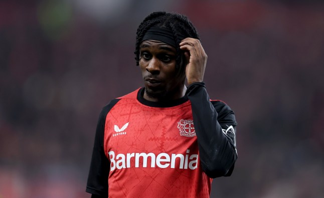 LEVERKUSEN, GERMANY - MARCH 28: Jeremie Frimpong of Bayer 04 Leverkusen looks on during the Bundesliga match between Bayer 04 Leverkusen and VfL Bochum 1848 at BayArena on March 28, 2025 in Leverkusen, Germany. (Photo by Lars Baron/Getty Images)