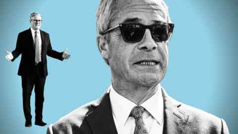 A montage showing a small image of Keir Starmer with his hands apart, and a larger close-up image of Nigel Farage in sunglasses