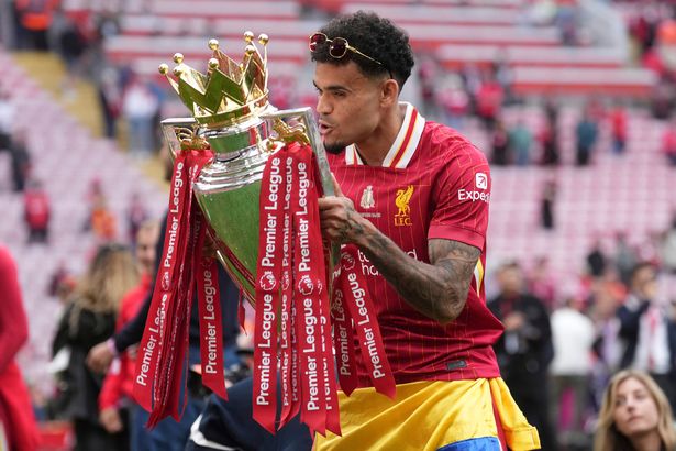 Luis Diaz celebrating Liverpool's Premier League title win