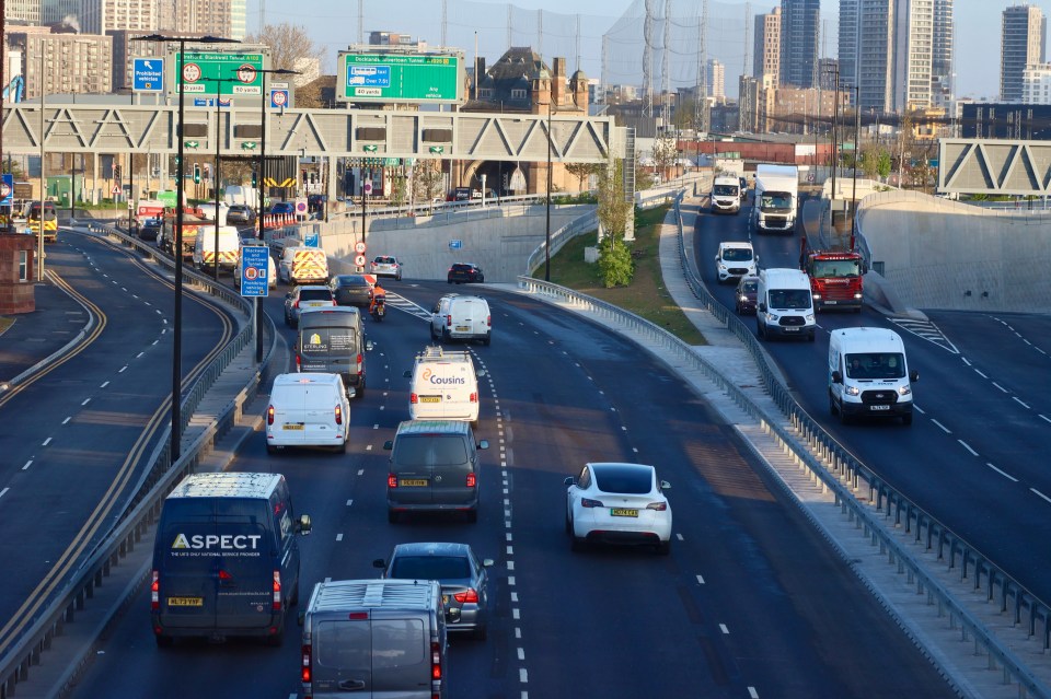 Traffic on a multi-lane highway near the Blackwall and Silvertown Tunnels in East London.